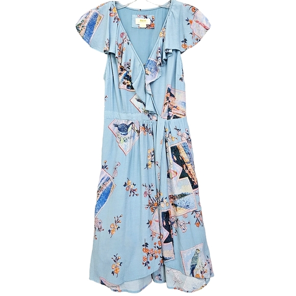 Maeve by Anthropologie Blue Rosalia Postcard  Cap Sleeve Faux Wrap Dress - Picture 3 of 14